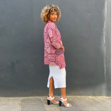 Load image into Gallery viewer, Dark Red Shibori Kimono with Leather Flap Pockets