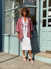 Load image into Gallery viewer, Dark Red Shibori Kimono with Leather Flap Pockets