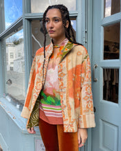 Load image into Gallery viewer, Fully Reversible Khaki Kantha Jacket With Orange Cream Florals