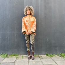 Load image into Gallery viewer, Fully Reversible Khaki Kantha Jacket With Orange Cream Florals