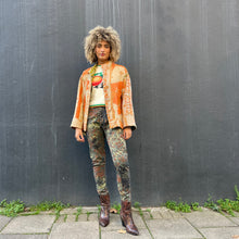 Load image into Gallery viewer, Fully Reversible Khaki Kantha Jacket With Orange Cream Florals