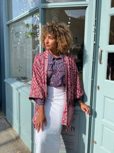 Load image into Gallery viewer, Dark Red Shibori Kimono with Leather Flap Pockets