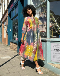 Multicoloured Long Pleated Coat Dress with Pockets