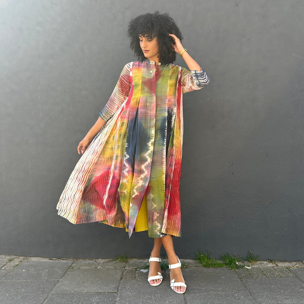 Multicoloured Long Pleated Coat Dress with Pockets