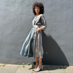 ¾ Sleeve Pintuck Shibori Silk Dress with Pockets