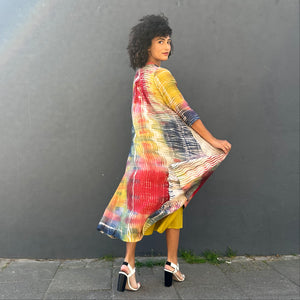 Multicoloured Long Pleated Coat Dress with Pockets