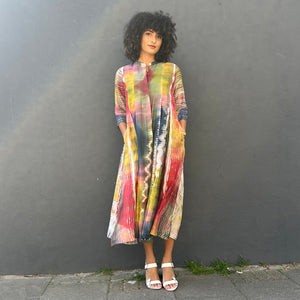 Multicoloured Long Pleated Coat Dress with Pockets
