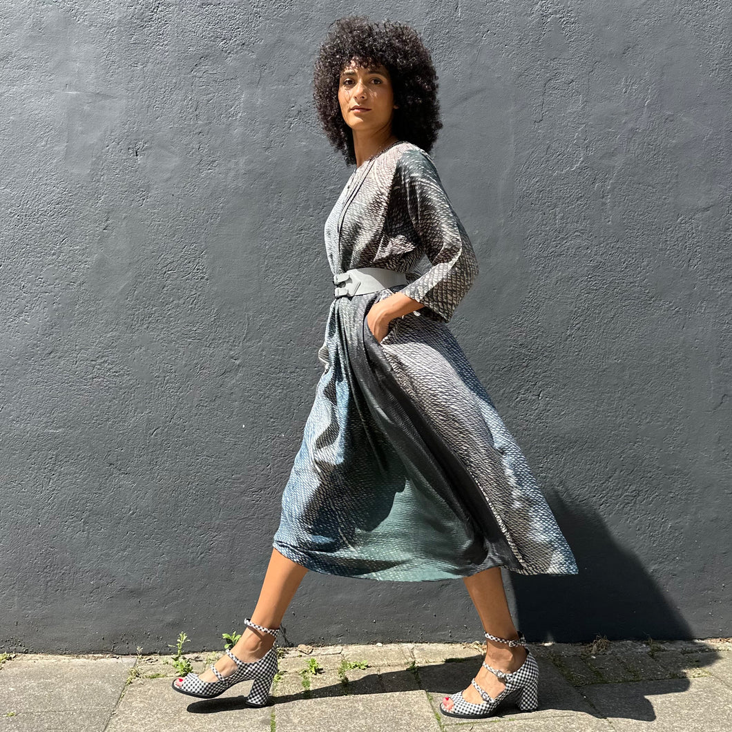 ¾ Sleeve Pintuck Shibori Silk Dress with Pockets