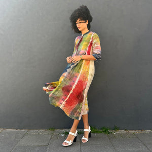 Multicoloured Long Pleated Coat Dress with Pockets