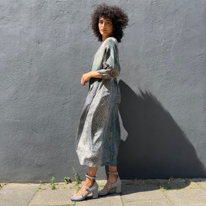 ¾ Sleeve Pintuck Shibori Silk Dress with Pockets