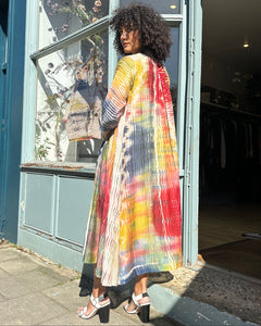 Multicoloured Long Pleated Coat Dress with Pockets