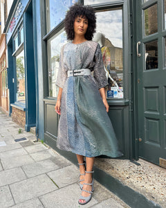¾ Sleeve Pintuck Shibori Silk Dress with Pockets