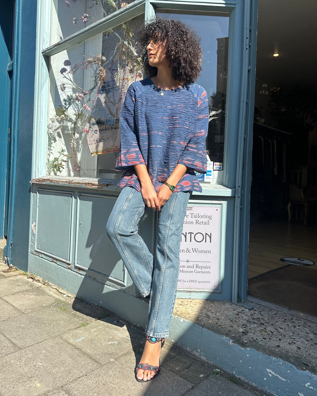 Textured Cotton Silk Pleat Top with Side Slits