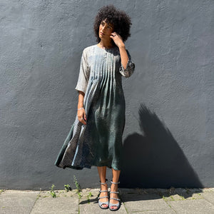¾ Sleeve Pintuck Shibori Silk Dress with Pockets