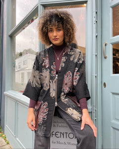 Brocade Silk Kimono with Leather Purse Pockets and Zip Closure