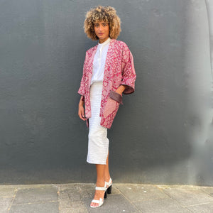 Dark Red Shibori Kimono with Leather Flap Pockets