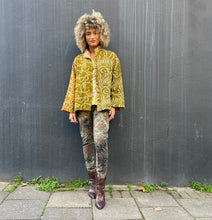Load image into Gallery viewer, Fully Reversible Khaki Kantha Jacket With Orange Cream Florals
