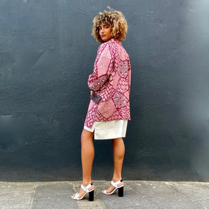 Dark Red Shibori Kimono with Leather Flap Pockets