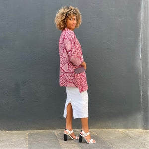 Dark Red Shibori Kimono with Leather Flap Pockets