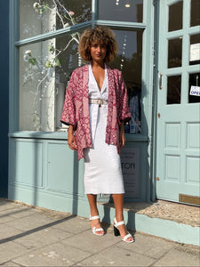Dark Red Shibori Kimono with Leather Flap Pockets