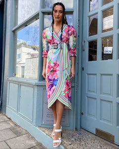 3/4 Puff Sleeve Floral Wrap Dress