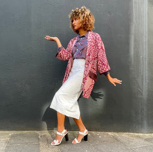 Dark Red Shibori Kimono with Leather Flap Pockets