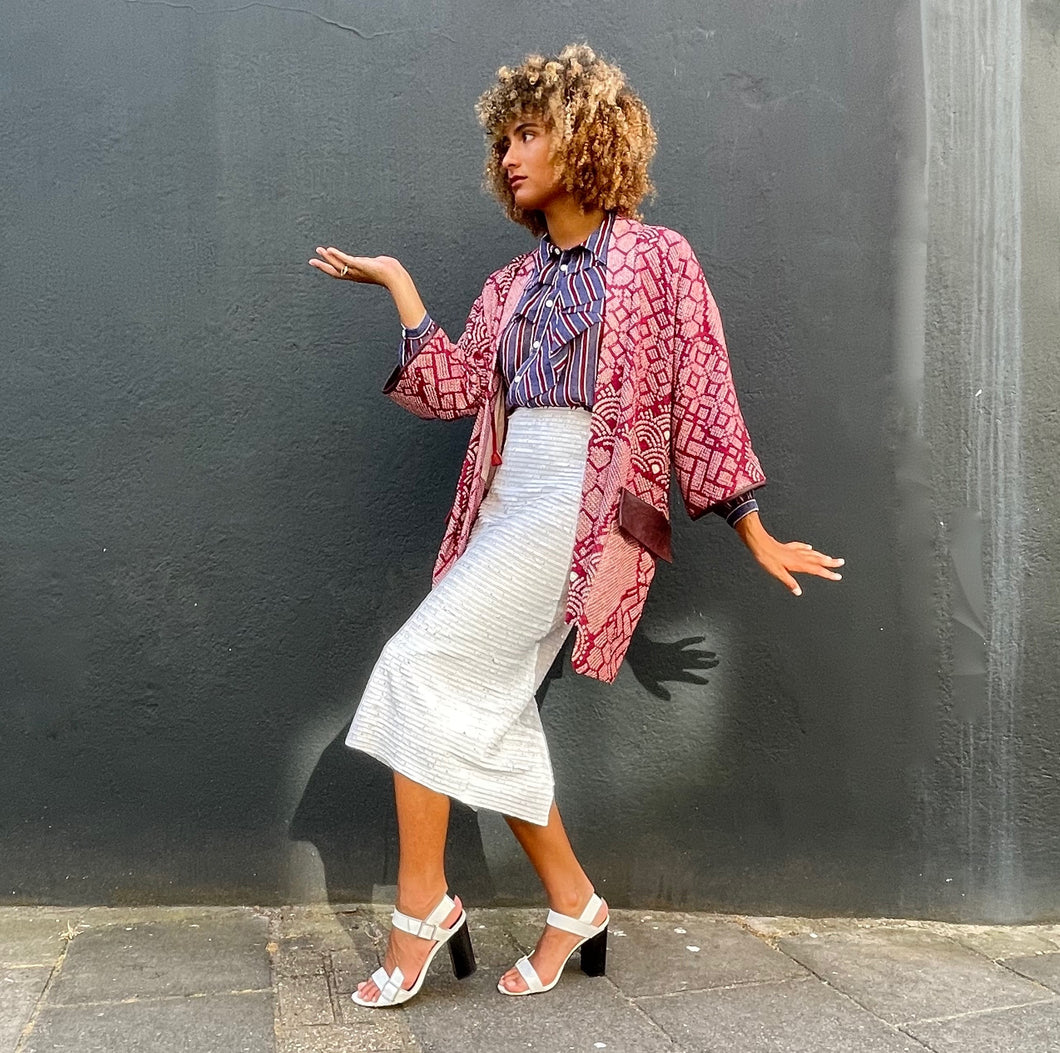 Dark Red Shibori Kimono with Leather Flap Pockets
