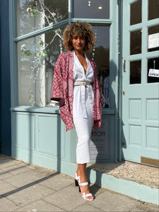 Dark Red Shibori Kimono with Leather Flap Pockets