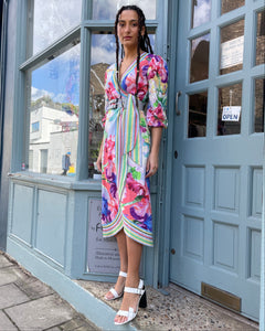 3/4 Puff Sleeve Floral Wrap Dress