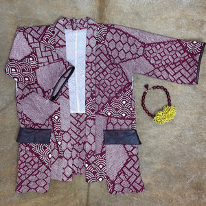 Dark Red Shibori Kimono with Leather Flap Pockets