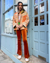 Load image into Gallery viewer, Fully Reversible Khaki Kantha Jacket With Orange Cream Florals
