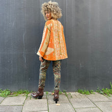 Load image into Gallery viewer, Fully Reversible Khaki Kantha Jacket With Orange Cream Florals
