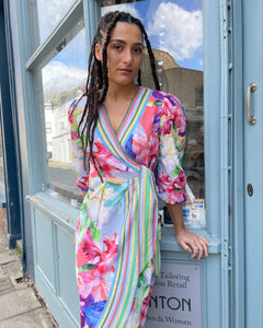 3/4 Puff Sleeve Floral Wrap Dress