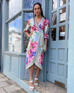 3/4 Puff Sleeve Floral Wrap Dress