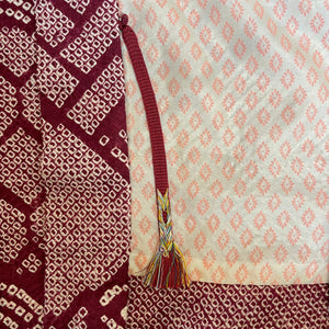 Dark Red Shibori Kimono with Leather Flap Pockets