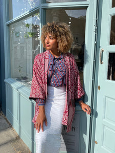 Dark Red Shibori Kimono with Leather Flap Pockets