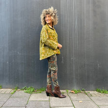 Load image into Gallery viewer, Fully Reversible Khaki Kantha Jacket With Orange Cream Florals
