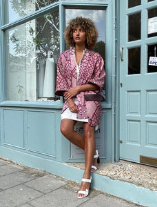 Dark Red Shibori Kimono with Leather Flap Pockets