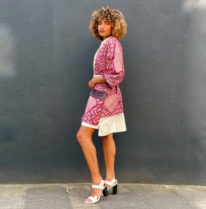 Dark Red Shibori Kimono with Leather Flap Pockets