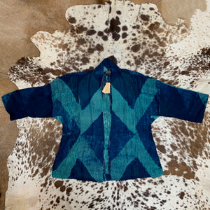 3/4 Sleeve, Open, Silk-Chiffon, Shibori-Dyed Jacket with Pintuck Seams and Pockets