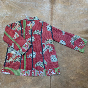 Fully Reversible Overdyed Black Kantha Jacket With Red Green Florals