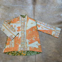 Load image into Gallery viewer, Fully Reversible Khaki Kantha Jacket With Orange Cream Florals
