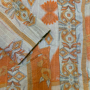 Fully Reversible Khaki Kantha Jacket With Orange Cream Florals