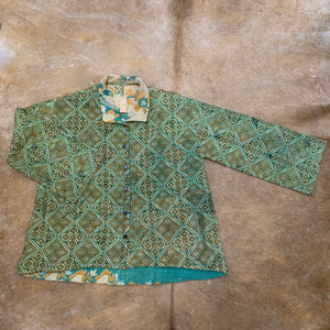 Fully Reversible Green Kantha Jacket With Floral Geo Patterns