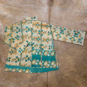Fully Reversible Green Kantha Jacket With Floral Geo Patterns