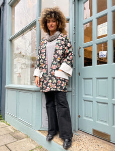 Meisen Silk Haori Kimono with Leather Trims